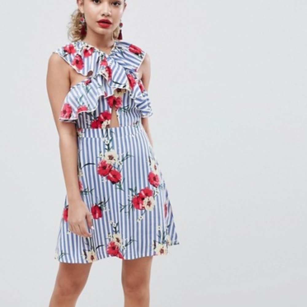 LAST ONE| Boohoo Floral Stripe Mini Skater Dress